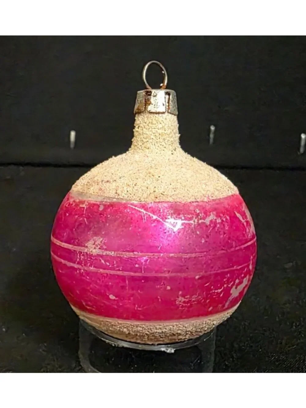 Vintage Mercury Glass Indented Reflector Hot Pink Mica Retro Christmas Ornament